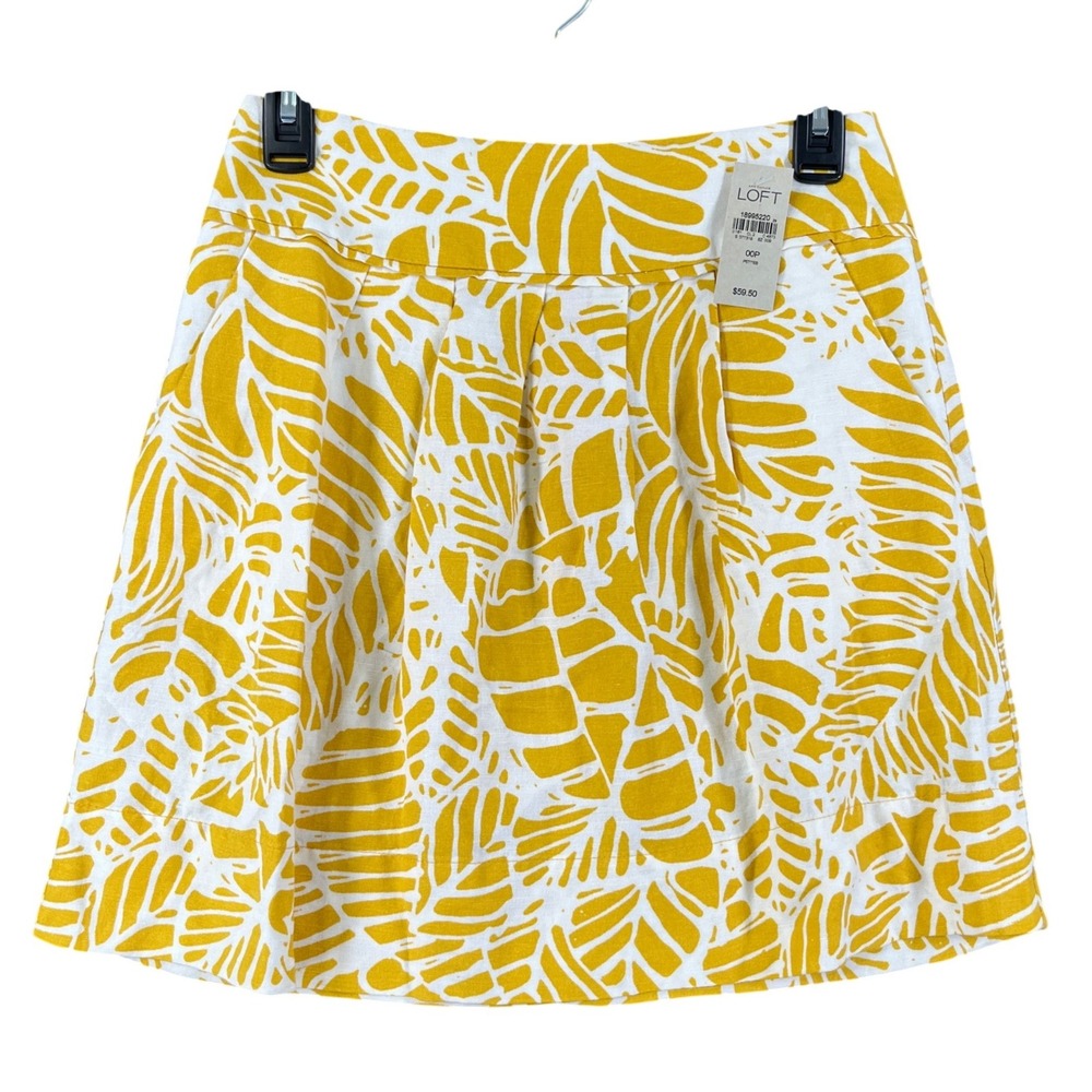 LOFT Mini Skirt Womens 00P Yellow White Leaf Print Linen Blend Petite NWT
